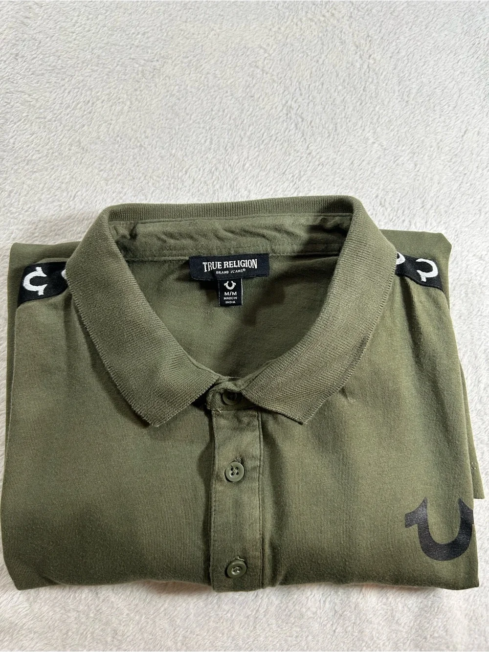 True Religion Men's Polo Shirt M Olive Green TR Logo Trim Relaxed Fit Grunge